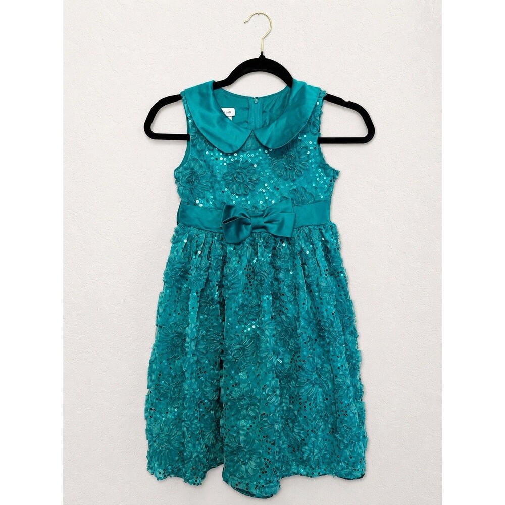 Bonnie Jean Girls Size 8 Teal Sequin Floral Party Dress Peter Pan Collar Bow